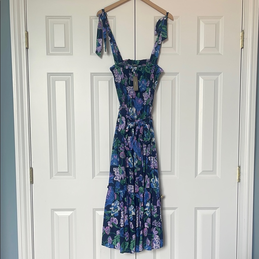 J.Crew Smocked Tie-Shoulder Floral Blue Dress - Picture 2 of 5